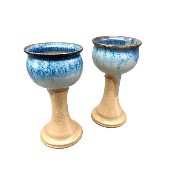 Jack Pott Other - Jack Pott Studio Pottery Chalice Wine Goblets Blue & Beige Drip Glaze 6.75" H